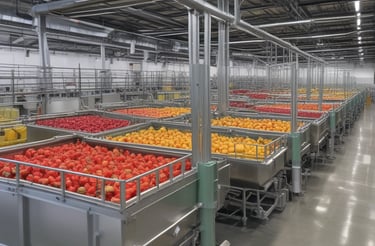 A fruit display featuring neatly arranged rows of pineapples, citrus fruit, pomegranates, and a few bananas on the side. Two juice bottles are also visible on the shelf. A sign below advertises various fruit juices like Shake, Anaar (pomegranate), Apple Juice, and Mix Fruit Juice.