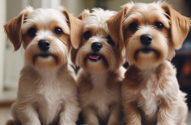 Three small tan and brown dogs sitting down. They are in a row all next to each other looking ahead.