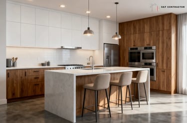 Modern kitchen remodel featuring a waterfall marble island, wood cabinets, and white upper cabinetry.