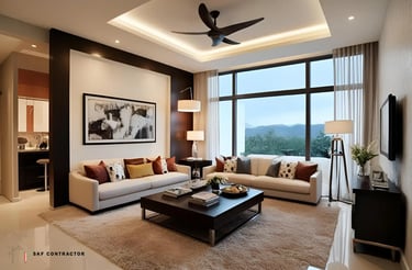 Modern luxury living room interior with white sofas, dark wood furniture, and a scenic mountain view.