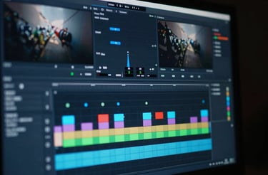 Close-up of a professional video editing timeline on a monitor, color grading wheels visible, neon-tinged editing bay glow, 35mm film.