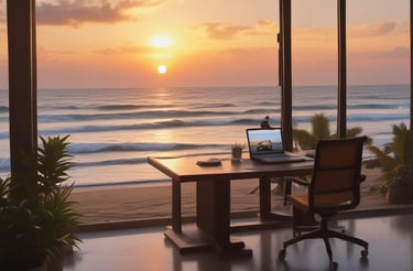 A modern architectural interior with large, angular windows allowing natural light to flood in. A central, curved staircase leads to an upper level, where two people stand looking out over the space. Below, three people are walking and interacting in the open area. The design features clean lines and a prominent red square artwork on the wall.