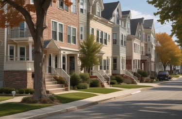An aerial view of a suburban neighborhood displaying a network of streets and houses with neatly organized lawns and backyards. The landscape is characterized by a sprawling layout with similar-looking houses throughout the community.