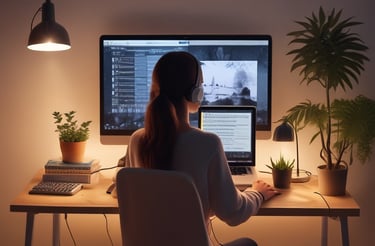 A cozy workspace with headphones, a laptop open to a music editing software, and soft ambient lighting.