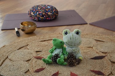 deux peluches grenouille sur un tapis avec un bol de meditation et des coussins de méditation