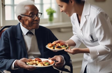 An elderly couple stands together, the woman seated in a wheelchair holding a blue folder with a gold logo. The man stands beside her, wearing a dark blue shirt with a patterned design. A decorative wall with a branching pattern and birds is in the background.
