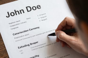 A friendly person typing on a laptop with a resume template on the screen.