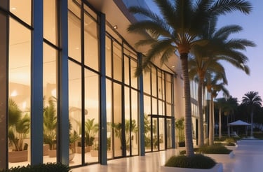 A modern high-rise building with glass windows stands alongside a long, rectangular swimming pool. Palm trees and neatly landscaped greenery line the walkway, creating a serene and upscale environment. A wooden deck area is visible in the foreground, and the sky is overcast.