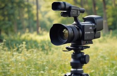 A camera mounted on a tripod is set against a backdrop of teal and blue bokeh lights. The angle suggests a focus on capturing the night sky. The lighting on the camera highlights its structure and details, creating an artistic and professional atmosphere.