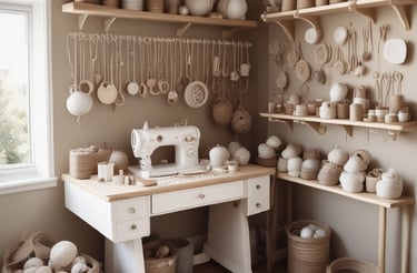 A cozy workspace with colorful handmade crafts and tools.