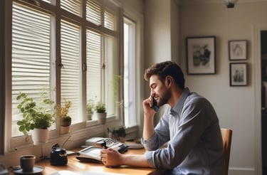 A friendly customer service representative at a desk with a phone.