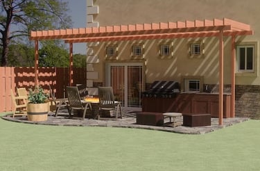 Backyard patio with shade structure, fire pit table and barbeque grill