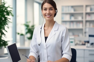 A dental setup is displayed with various tools and equipment. A monitor is showing a dental graphic, alongside tools like a scaler and a set of dental burs. The items are laid out on an orange mat.