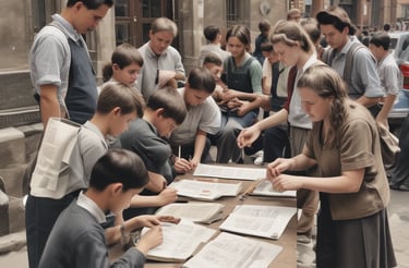 A group of young children is seated on small stools outdoors in an alleyway, attentively engaged with an adult woman standing nearby who appears to be teaching or talking to them. The scene is surrounded by various elements such as potted plants, a water cooler, parked motorcycles, and an arrangement of colorful items in the background. The children are wearing matching uniforms with white shirts and dark overalls.