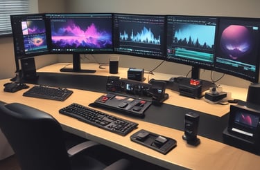 A person wearing headphones and a denim jacket is operating a control system at a media production station. Other individuals are visible in the background, possibly working together. There are multiple screens showing different video feeds and audio equipment visible on the table.