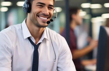 A friendly customer service representative answering calls in a cozy office.