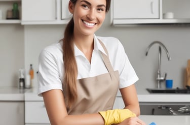 A friendly team member answering a phone with cleaning supplies in the background.