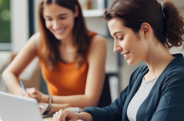 A childcare educator interacting with children using a tablet for digital learning.