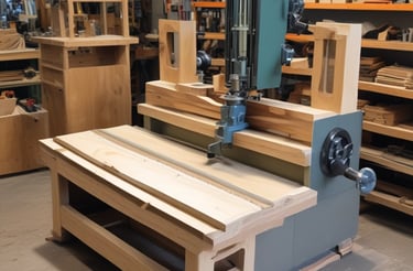 A warm, inviting workshop with wooden furniture pieces and tools in natural light.