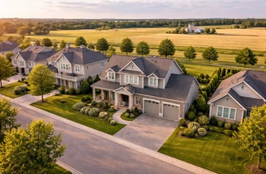 Aerial view of a modern home at golden hour within a residential neighbourhood