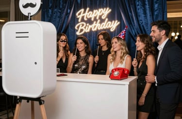 A sleek, modern photobooth setup glowing softly in a chic event space with beige and gold accents.