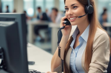 A friendly technician answering a phone call in a bright office