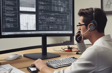 Technical engineer discussing mechanical blueprints with client in modern office.