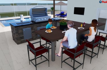 Modern outdoor kitchen and dining area with a stainless steel grill, stone island, and family eating by a pool.