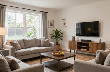 A cozy shared living room with warm lighting and comfortable seating.