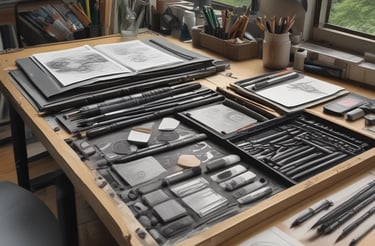 A minimalist artist's workspace with sketchbooks, pencils, and a camera on a clean white desk.