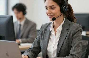 A person's hand holding a black landline telephone receiver over a digital office desk phone.