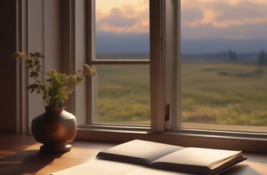 A cozy desk with a notebook, pen, and a warm cup of tea beside a window letting in soft sunlight.