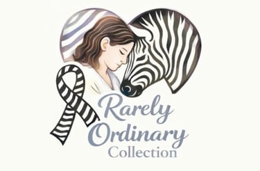 Girl on left leaning forehead towards zebra on the right in a heart. Zebra printed ribbon underneath with text ROC