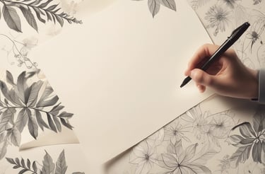 A cozy workspace with botanical sketches and handcrafted clay tags arranged neatly.