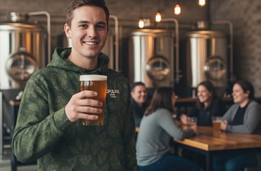 Male at a brewery wearing a Lupuline camo hoodie. This image links to the hoodies that are offered