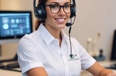 A friendly professional answering a phone call in a bright office.