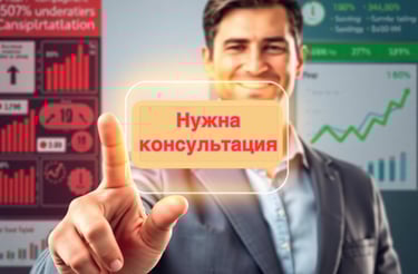 Мужчина в костюме и галстуке держит визитную карточку "нужна консультация"