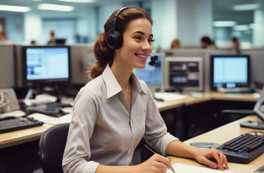 Photo of a friendly property manager answering a phone call in a bright office.