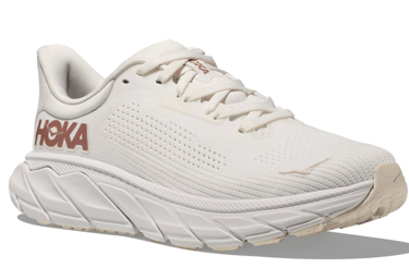Hoka Arahi 7 in White/Rose Gold — the most visually striking and magazine-ready colorway.