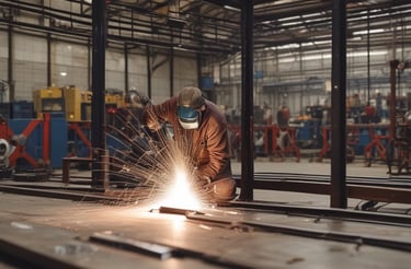 A friendly professional answering a phone call in a workshop filled with metal structures.