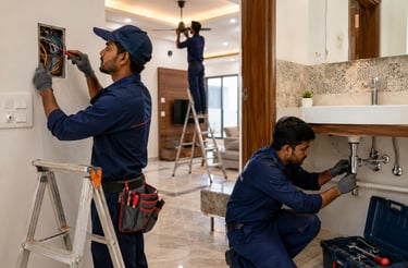 plumbers and electricians working in a house in madurai