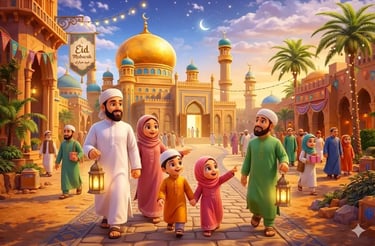 3D cartoon illustration of a happy Muslim family walking to an illuminated mosque for Eid prayer, festive atmosphere.
