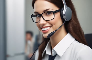 A friendly customer service representative with a headset, smiling and ready to assist.