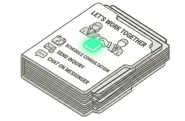 Isometric contact card showing options to schedule consultation, send inquiry, or chat on messenger.