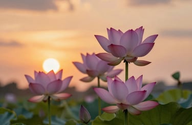 A field of beautiful coneflowers with a sunset