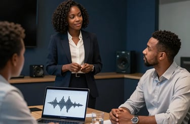 A professional consultant speaking with a corporate client in a modern office setting.