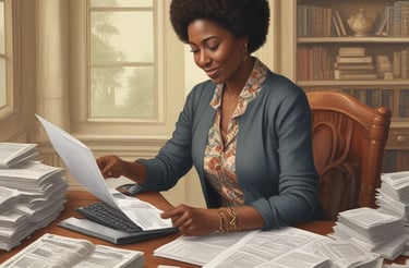 A friendly tax advisor smiling while assisting a client with paperwork in a bright, modern office.