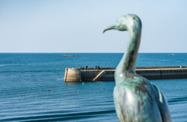 The quay in Concarneau with cormorant statue © PORHIEL Thibault - Tourisme Bretagne