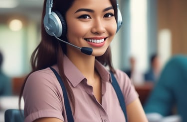 A friendly customer support representative wearing a headset, smiling and ready to assist.