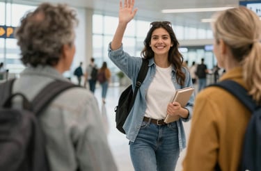 A welcoming classroom with warm lighting and English learning materials on the walls.